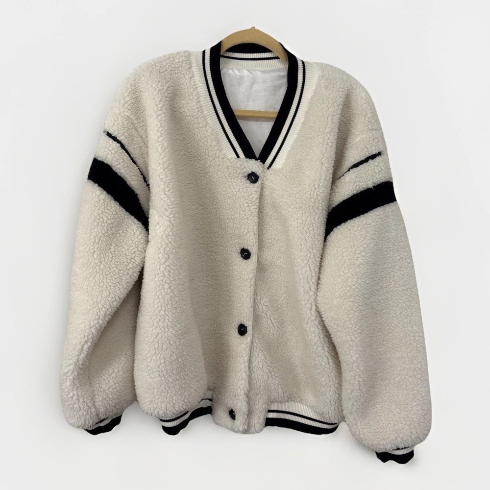 Urbanic Womens Sherpa Teddy Bomber Jacket Varsity Lined White Large
